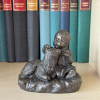 Thumbnail for Vintage Bronze signed Baby with Dog Sculpture – 4.5