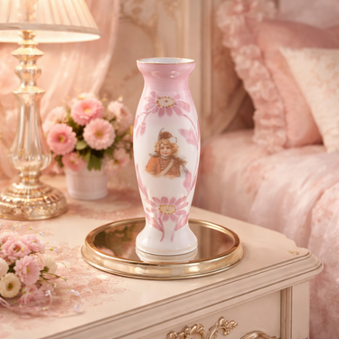 Victorian Pink Milk Glass Vase Portrait Enamel 8” Antique bedroom Vintage decor0