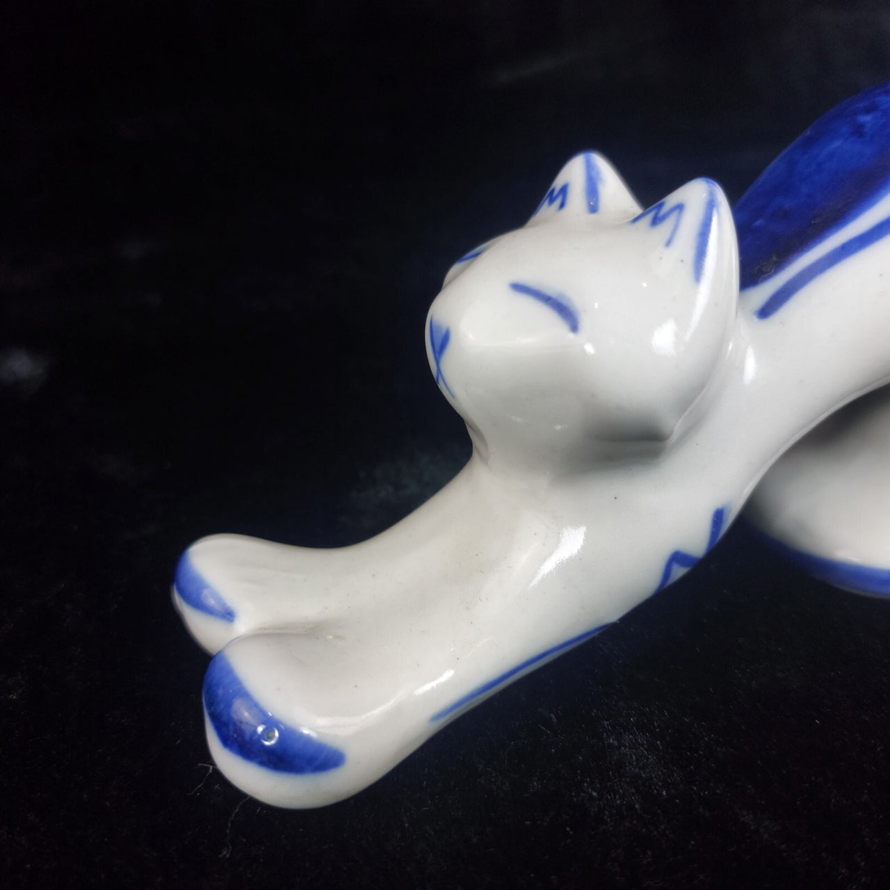 USSR Vintage Cat Figurine Good White Blue Stretching Kitten Russian Porcelain .5
