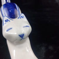 Thumbnail for USSR Vintage Cat Figurine Good White Blue Stretching Kitten Russian Porcelain .12