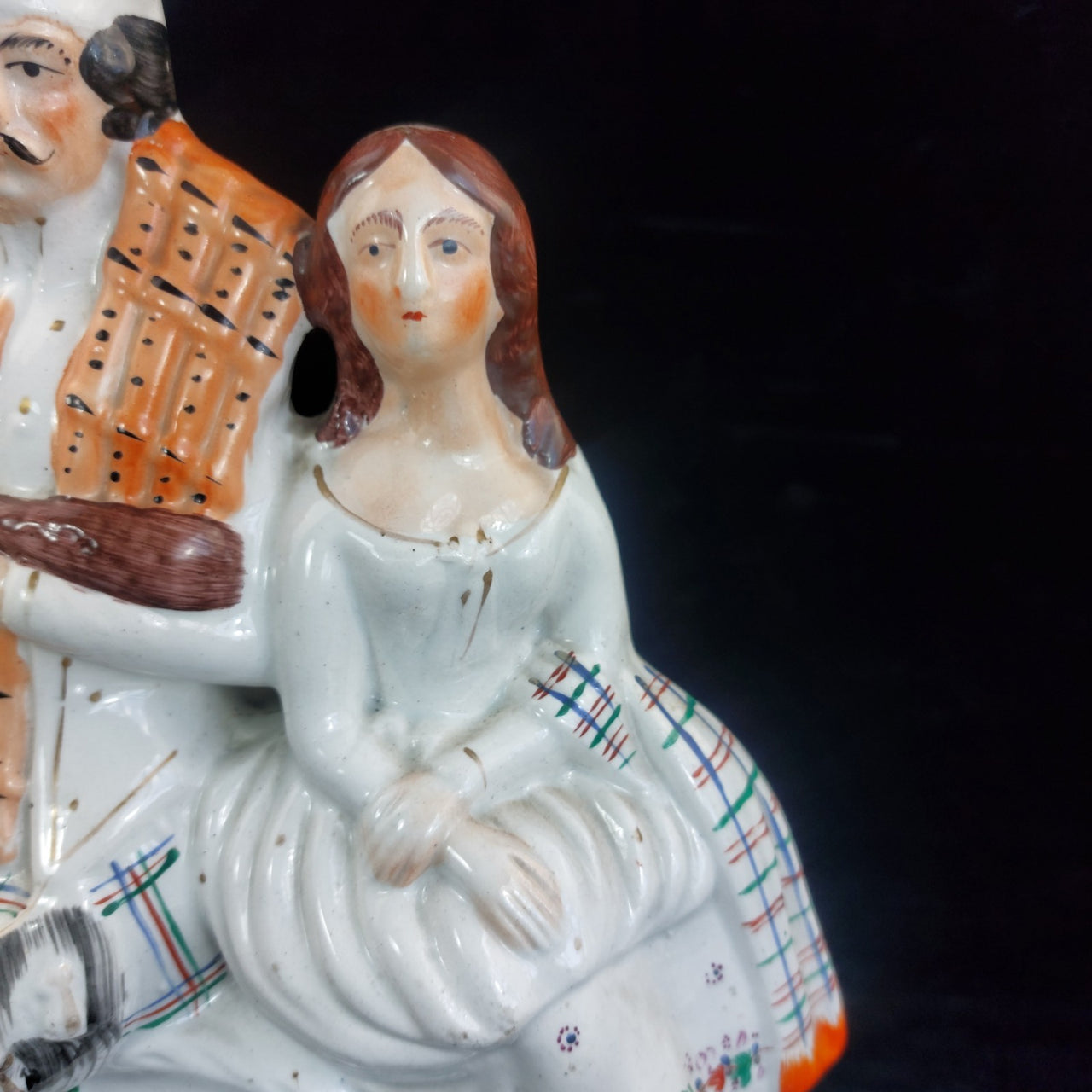 Staffordshire Century 19th Figurine Bagpiper Couple Clock Large Scottish 14"5