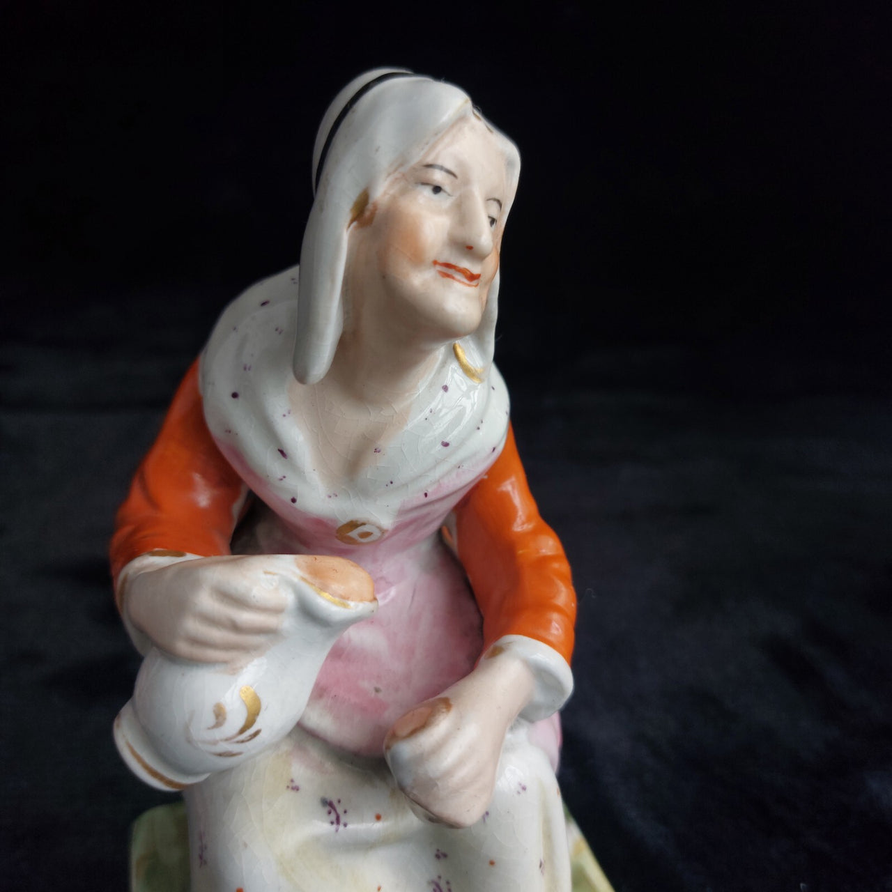 Classic Staffordshire Figurine 6.5" Seated Woman Jug Pink Apron antique Medium2