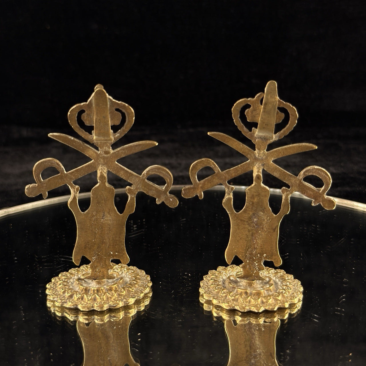 Antique Brass Indian Army Emblems –3.5”.  Crowned Goddess Crossed Swords Pair 5