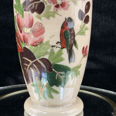 Antique Milk Porcelain Vase HandPainted Bird Floral Design Ruffle Rim 9.5” Tall1