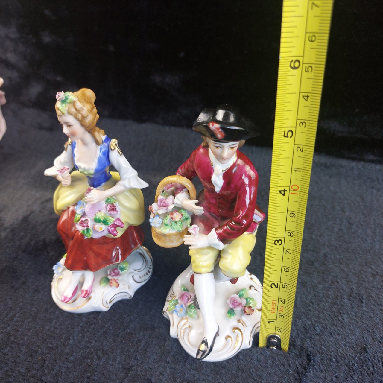 Antique Porcelain Victorian Figurine Pair 5" Lovers Flowers Gold Trim decor4