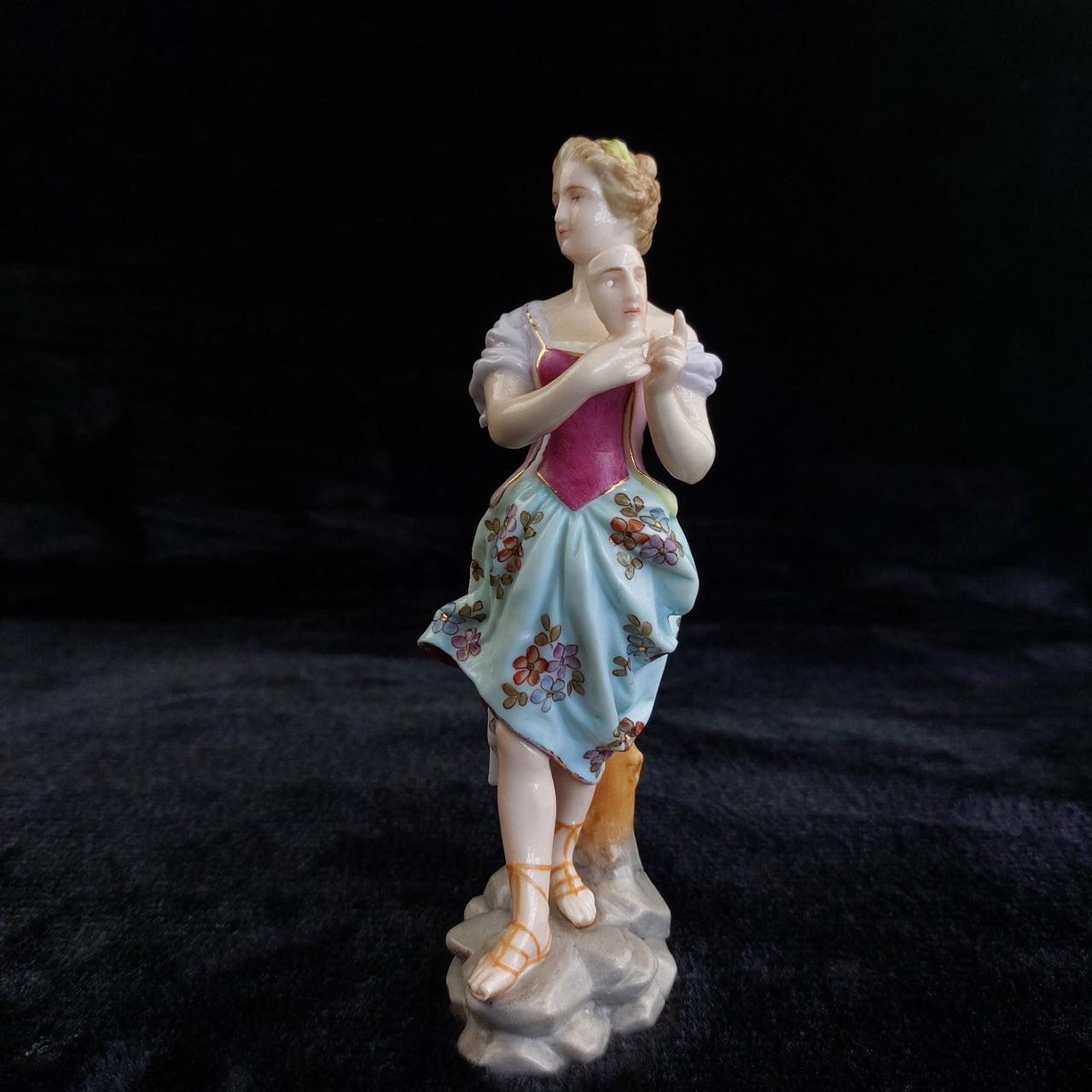 German Porcelain Lady Figurine Holding Mask Flowered Dress Victorian Antique0