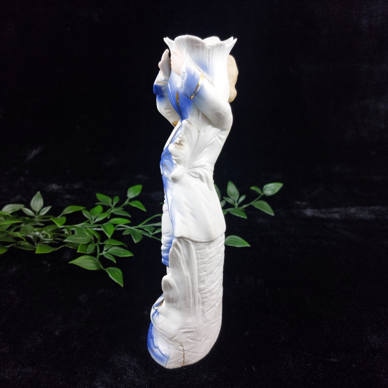 Antique German Bisque Porcelain  Candle Holder Figurine – Blue & Gold Accents 9"7