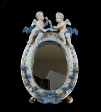 Thumbnail for French Antique Style Porcelain Mirror with Cherub Figurines repaired leg Gilt1