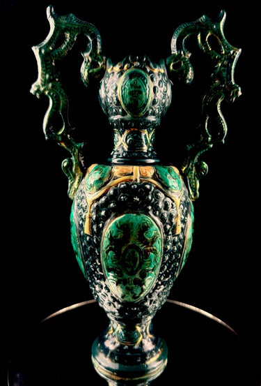 Romano Majolica Style Ornate Green Vase Glazed Ceramic 15” Antique Vase1