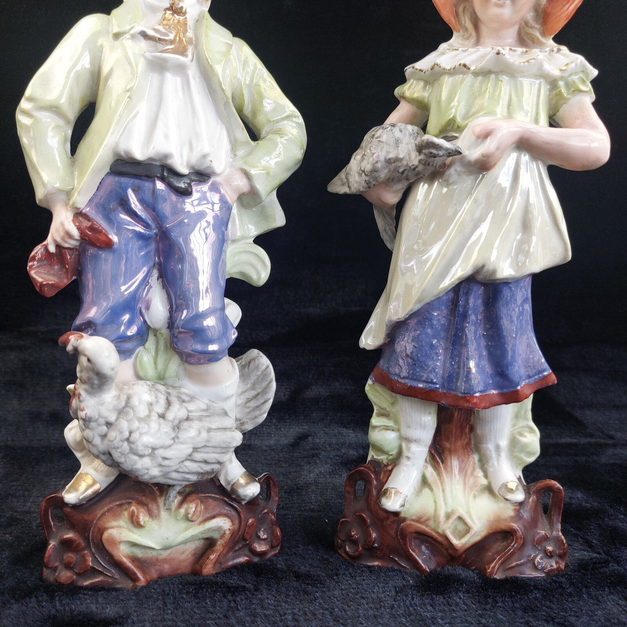 Antique Porcelain Boy & Girl Figurines Pair Poultry Chicken Farmyard 10.5"7