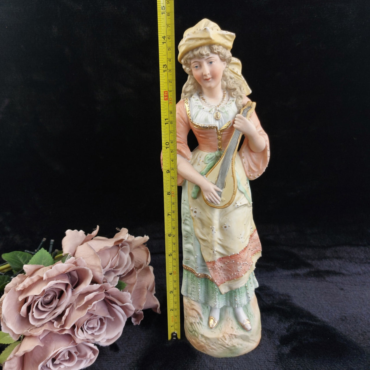 Antique 15in German Bisque Figurine Lady Mandolin Musician Hand Painted Gilt2