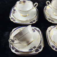 Thumbnail for Rare Royal Crown Albert China 1930 Blue Gold Leaf Tea Set Trio x2 & Jug England17