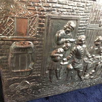 Thumbnail for Gold Brass Magazine Rack Tavern Scene Handle Wood Back  Vintage  7