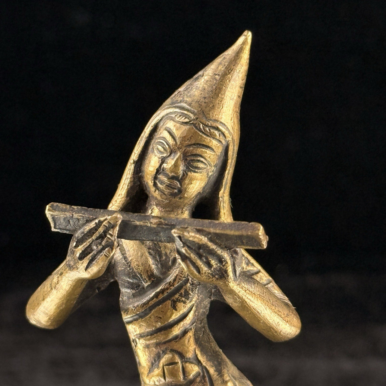 Antique Thai Bronze Dancer Statue Brass Asian Gilt Flute Player Tibetian 4.5” 3