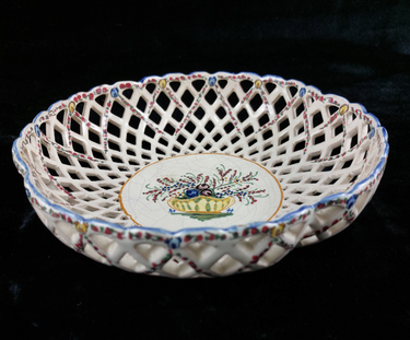 Mid-Century Italian Ceramic Lattice Bowl Hand-Painted Floral Design, gift plate.0