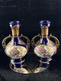 Thumbnail for Japanese Blue Cobalt Porcelain Vases Pair Gold Gilt Floral Moriage Antique Decor8