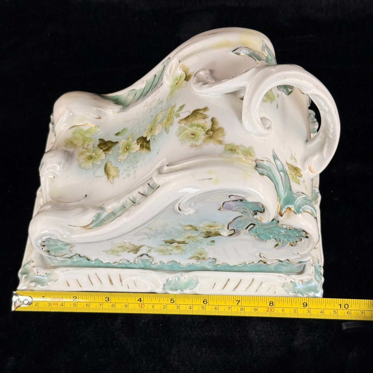Antique Porcelain butter dish Tureen Art Nouveau Floral Green Gilt Handle 9"x8"19