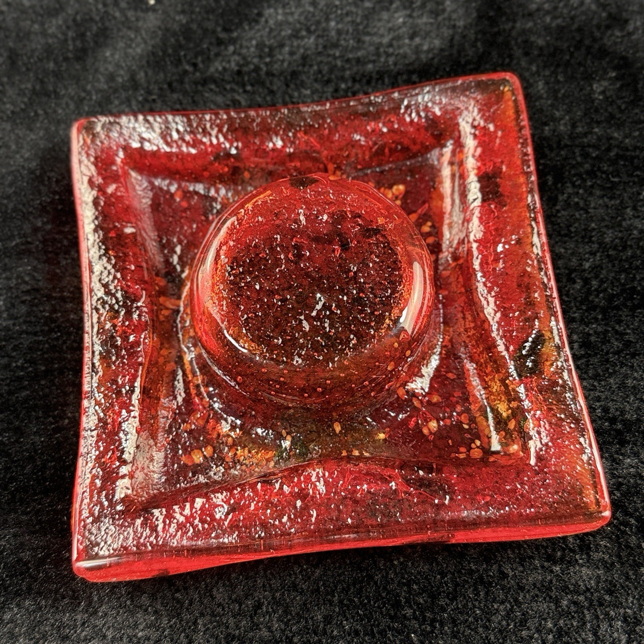 Murano Style Red Art Glass Ashtray Square MCM Speckled Aventurine Retro Dish4