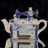 Thumbnail for Novelty Machine Sewing Teapot White Blue Gold Ceramic Stitching Theme see pics0