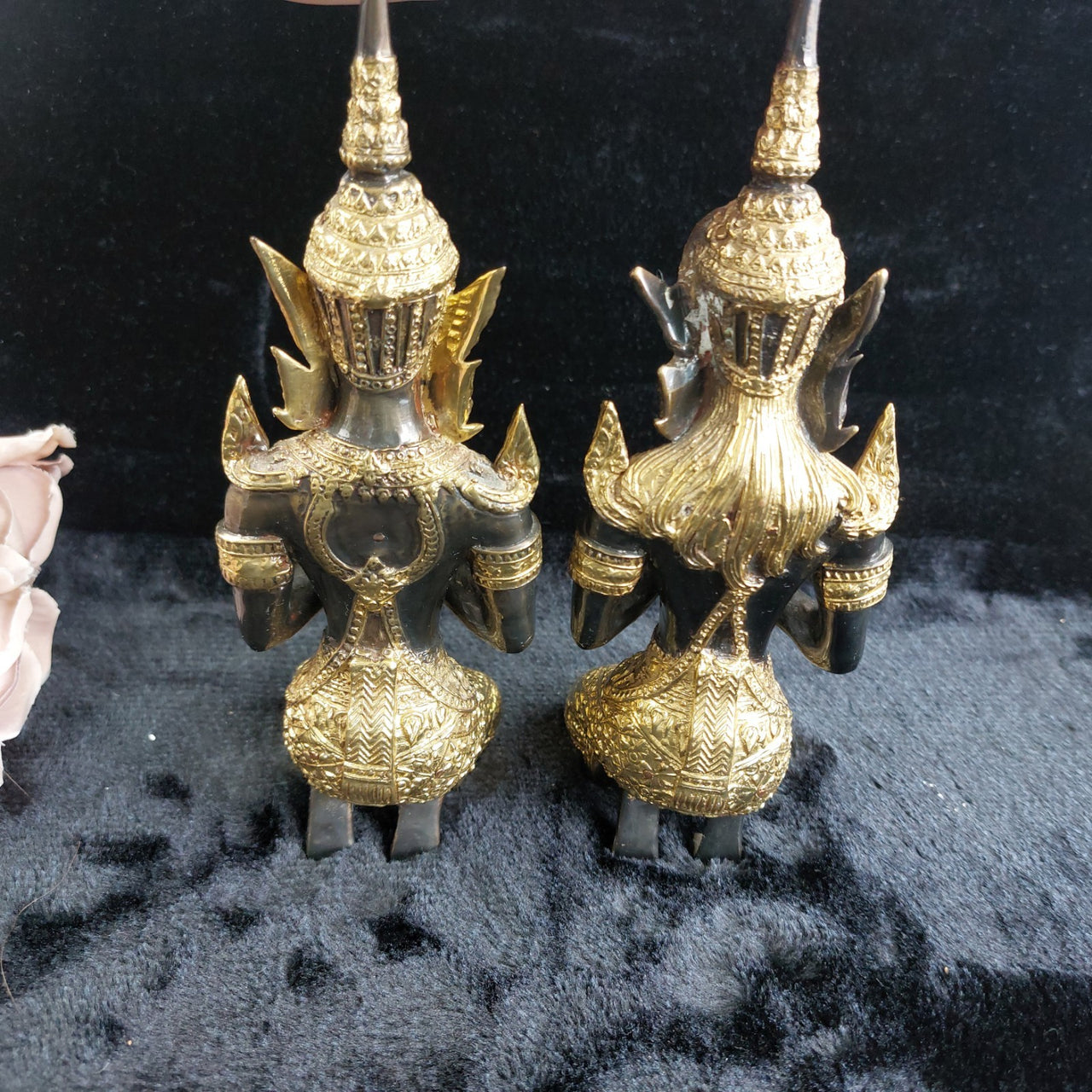 Thai Bronze Kneeling Praying 8.5" Statues Pair Ornate Gold Trim decor see pics11