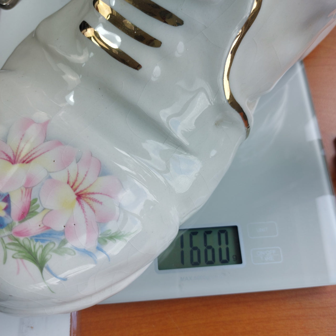 Maryleigh Pottery Floral Boot Vase Gilded Staffordshire 12" Porcelain White14