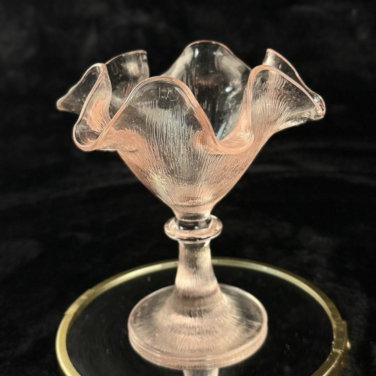 French Pink Amber Glass Compote Bowl Ruffled Pedestal 6.5” Vintage Elegant8