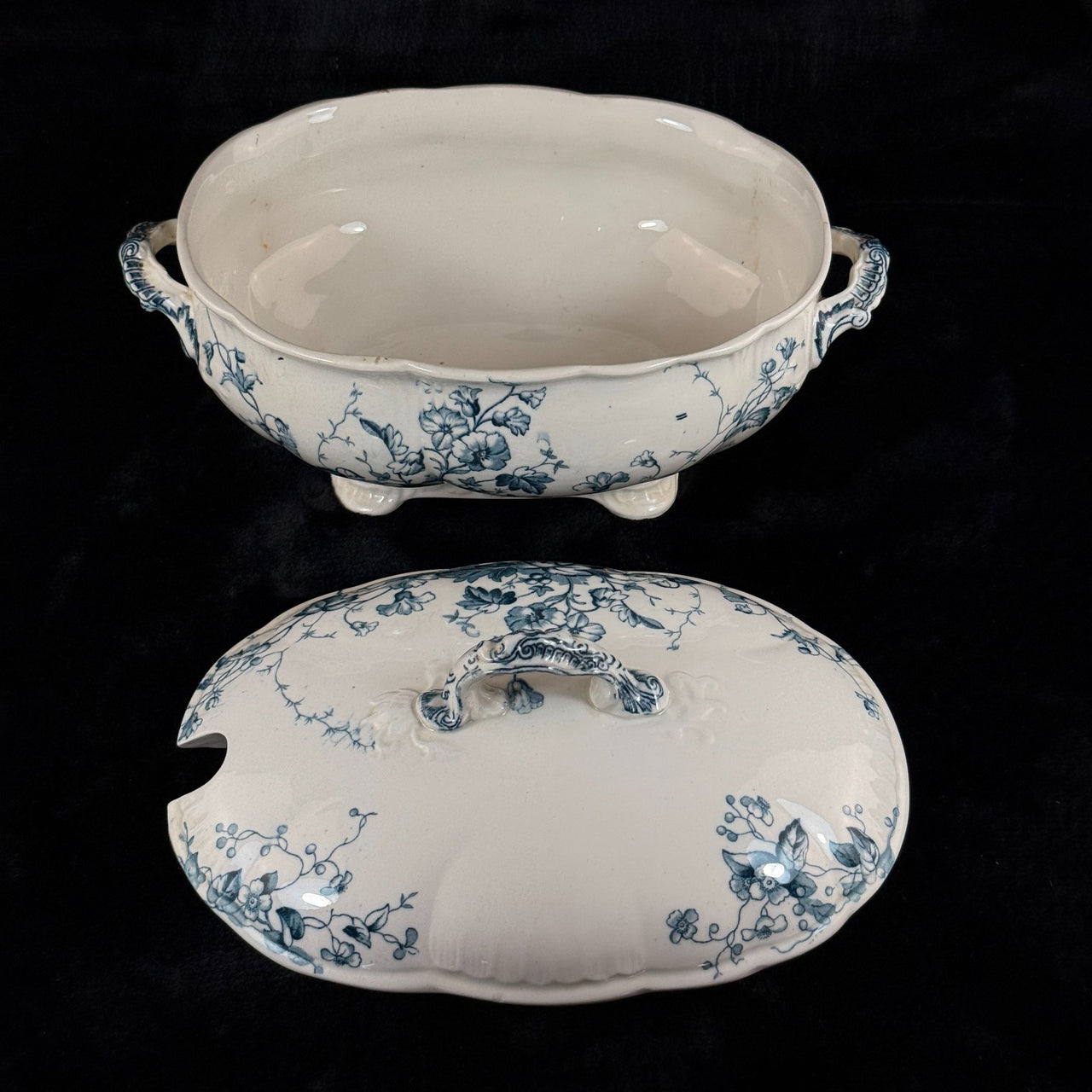 S.H. & Sons 'Ruby' Blue Transferware Tureen Lidded Floral Dish England 11” Large7