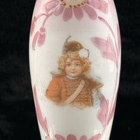 Thumbnail for Victorian Pink Milk Glass Vase Portrait Girl Hand Painted Enamel 8” Antique Vase4