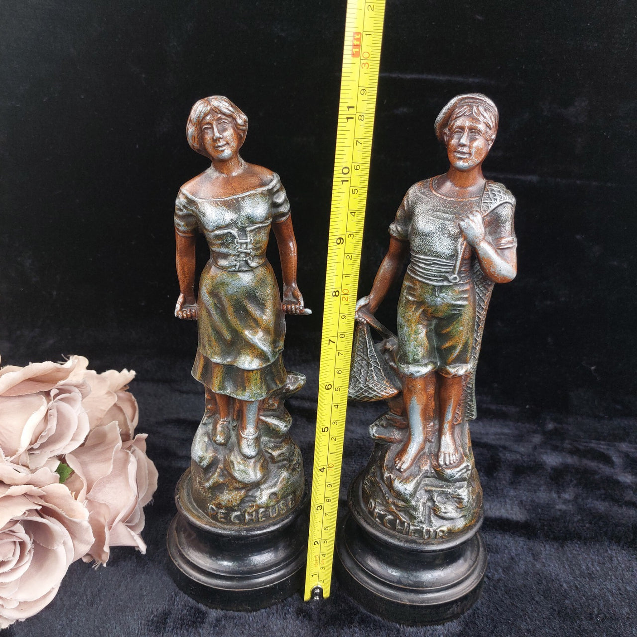 Vintage Pecheuse Pecheur Fisherman & woman Statues Pair Patina Bronze Look2
