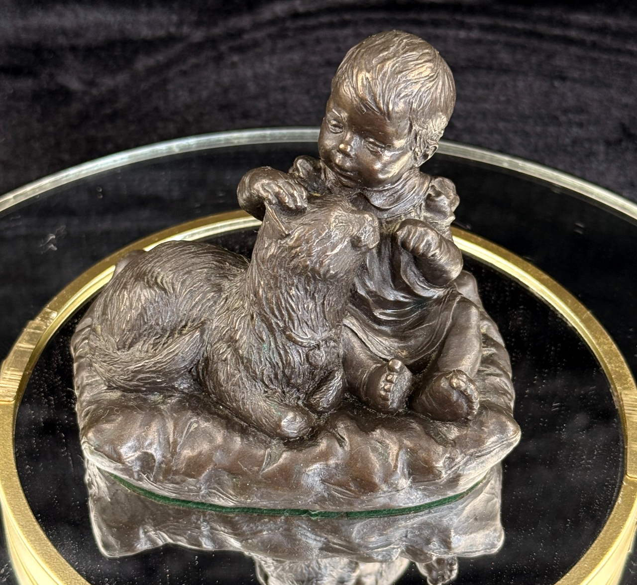Vintage Bronze signed Baby with Dog Sculpture – 4.5" Wide 4" Tall Figurine gift4