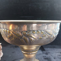 Thumbnail for Vintage Brass Pedestal vase Bowl gold Floral Embossed 10
