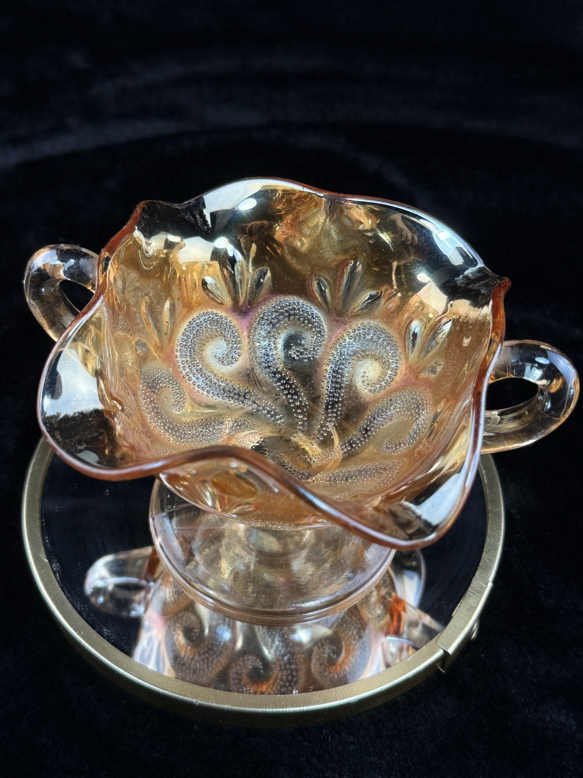 Vintage Marigold Carnival Glass Bonbon Dish Pedestal Bowl Swirl 3.5” Pattern3