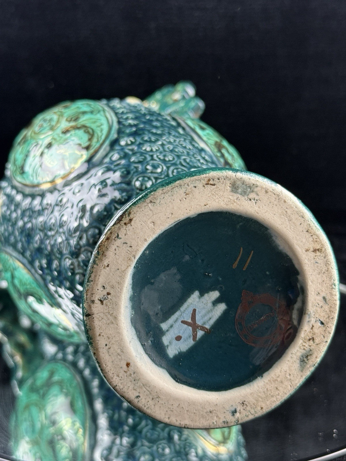 Romano Majolica Style Ornate Green Vase Glazed Ceramic 15” Antique Vase15