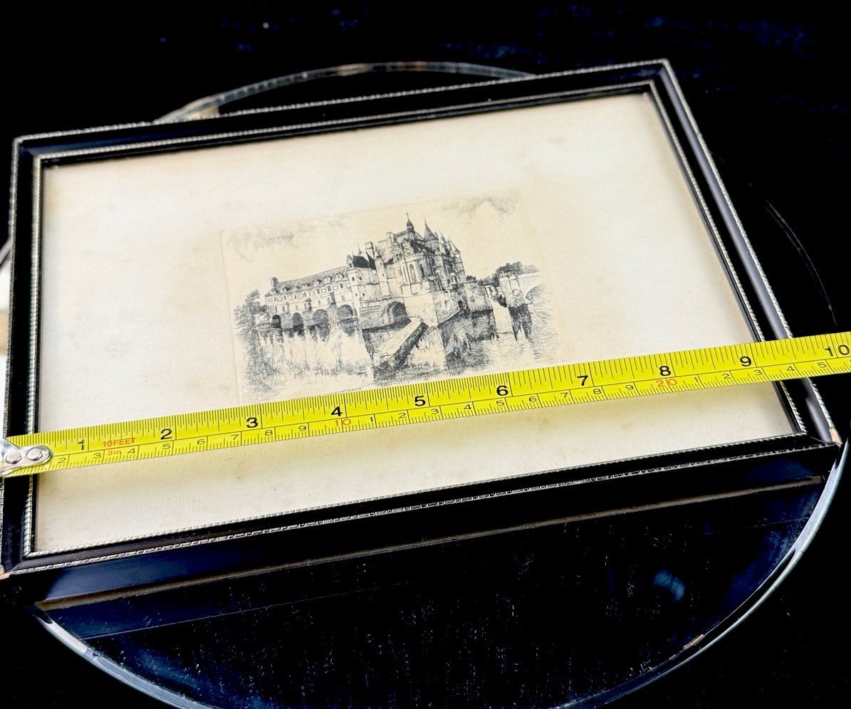 French Castle Vintage Château de Chenonceaux Framed Etching Print Art Drawing.6