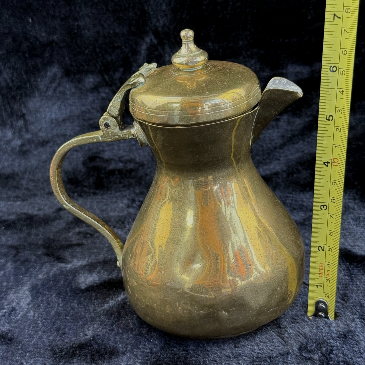 Brass Antique Tankard or Pouring Vessel w Hinged Lid gold brass victorin pitcher2