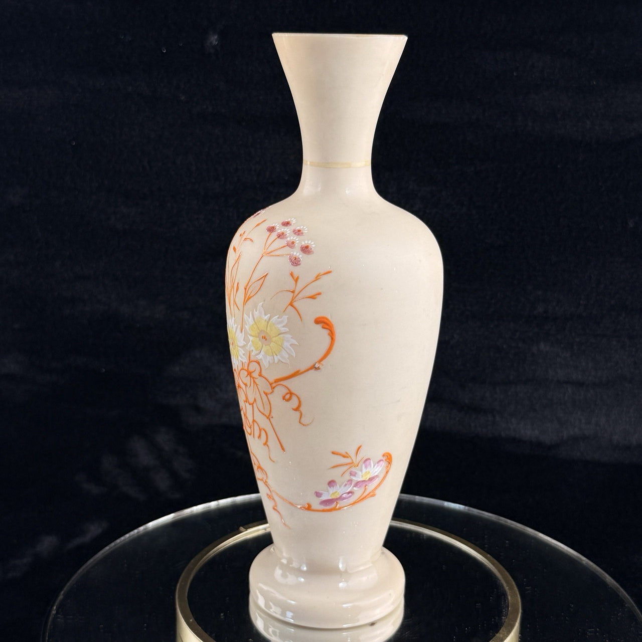 Antique Vintage Hand Painted Milk Glass Vase Floral Enamel Tall 10” Art Deco Sty6