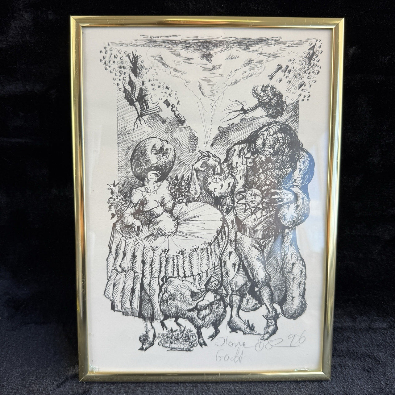 Original Signed & Dated Pen & Ink Drawing Framed Lions & Goats Folk Art Picture16