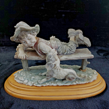 G. Armani Figurine 1990 Boy Bench with Dog Signed Sculpture Vintage 7.5in deco.1