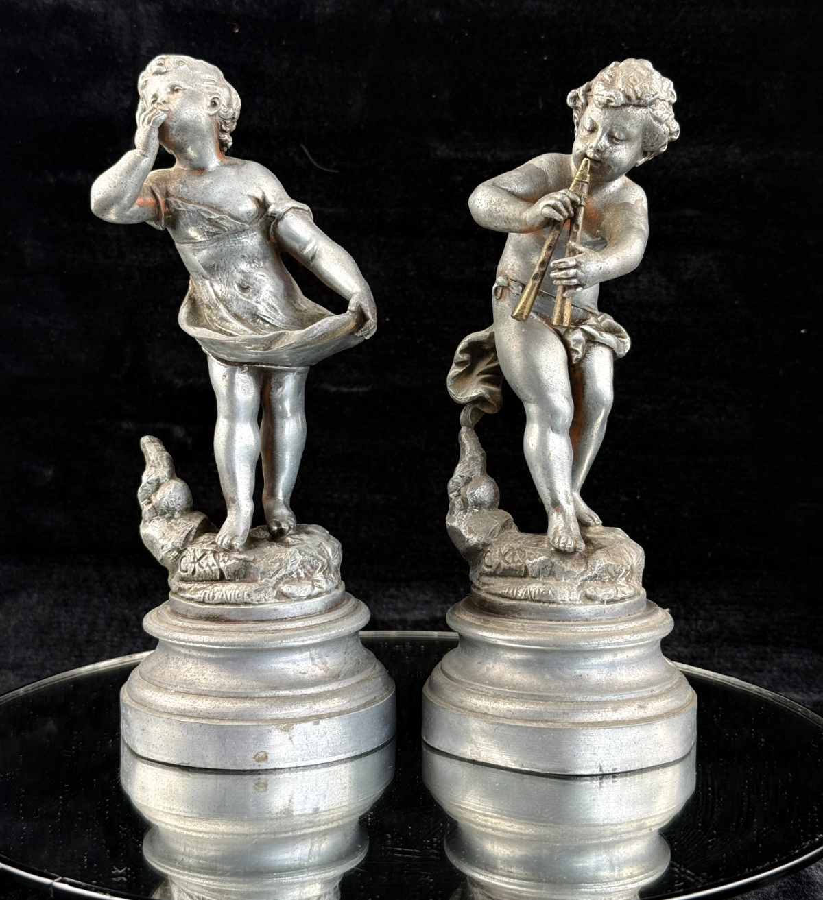 Antique French Cherub / Putti Metal Figurines "Silence" & "Music" by C. Kalf?1