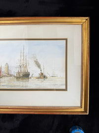 Thumbnail for Antique S.L. Signed Watercolor wood gold framed- A London Harbor Scene.2