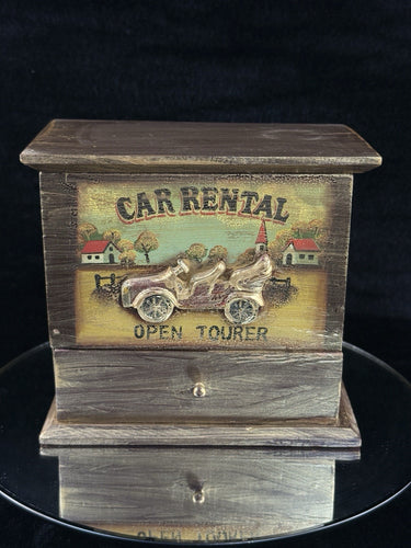 Vintage Wooden Car Rental Trinket Box Open Tourer Drawer Chest Rustic Decor0