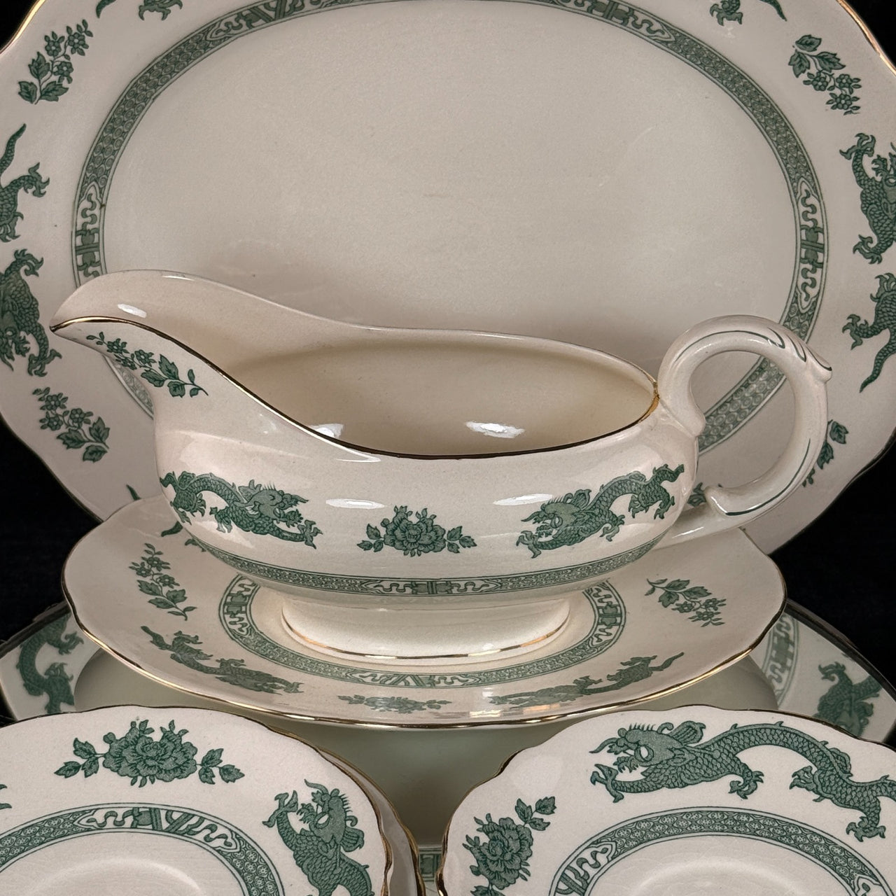 Royal England Cauldon Green Dragon Serving Set x6 – Vintage Ironstone China10