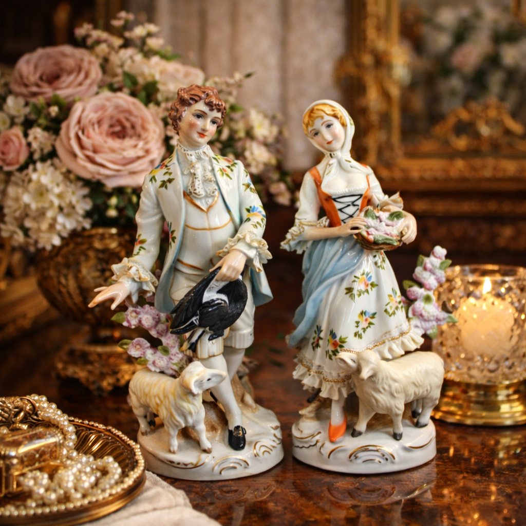 Continental Porcelain Figures Pair 11in w Flower & Lambs 20th century decor Box0