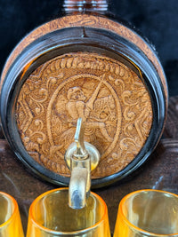 Thumbnail for Vintage Amber Glass Barrel Decanter Set with Tap 3 Glasses Tray & Wood Stand8