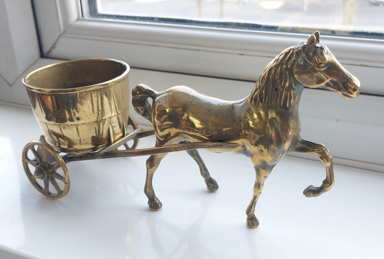 Brass Horse & Half Barrel 11" Carriage Cart Model Ornament vintage  5.5"  1