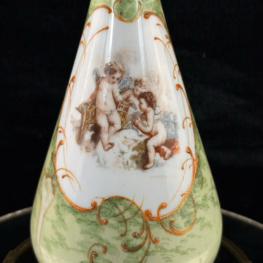 Antique Cherub Porcelain Vase Hand Decorated Putti Scene Green Gold Gilt decor1
