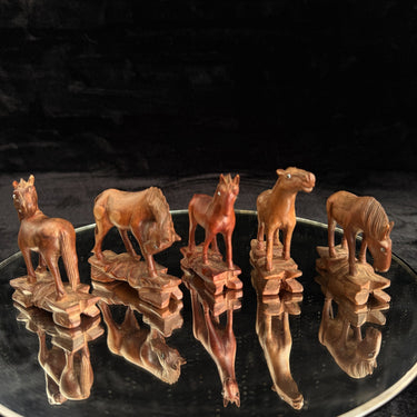 Vintage Hand Carved Wooden Horse Figurines Set – Rustic Folk Art 3.5” – Lot of 51