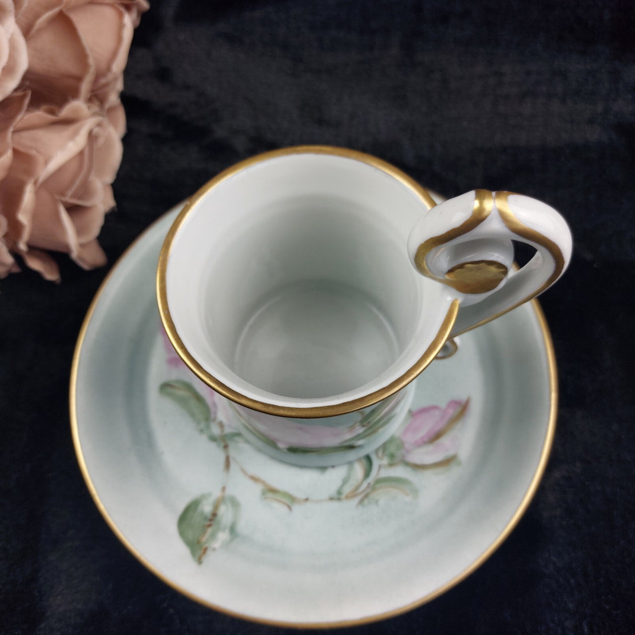 Capodimonte Hand Painted Cup Italy & Plate Set Pink Rose Gold Rim Floral Sallin/7