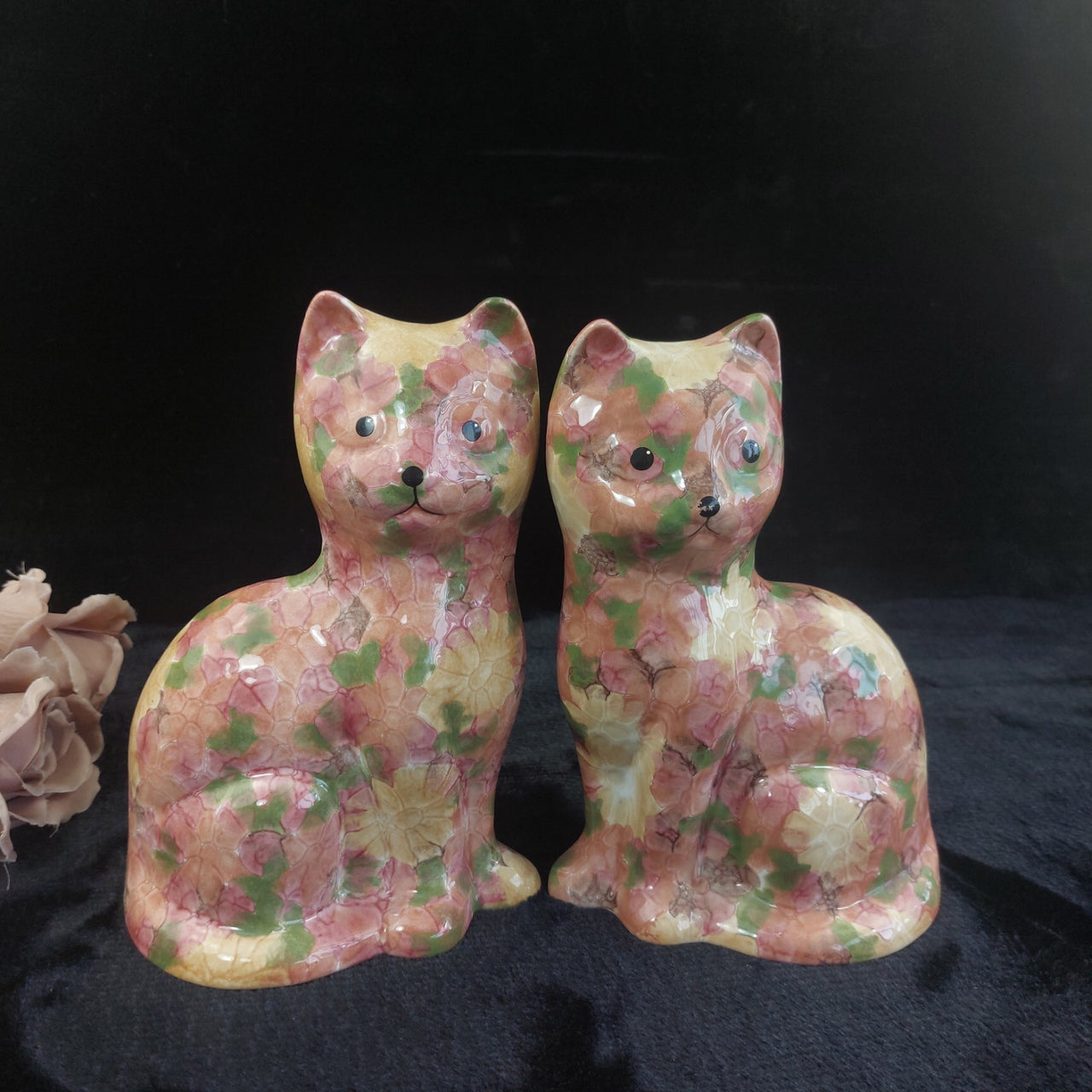 Rose Park Cat Pair Good Floral Crackle Glaze 8.5" Figurines England Ceramic0