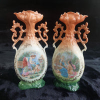 Thumbnail for Victoria Austria Porcelain Vase Pair Handled Romantic Scene Antique Decor. 9in2